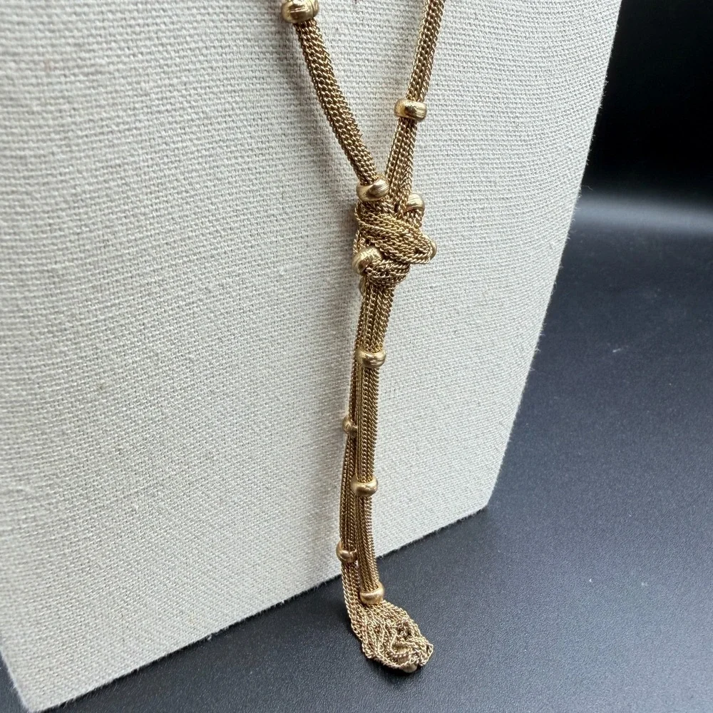 Gold Tone Multi Strand Mesh Chain Lariat Knot Tassel Necklace Statement Boho